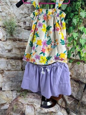 0135 Cat & Jack Girls Size 6/7 Floral Gauze Tank Top & Lavender Skort Outfit Set